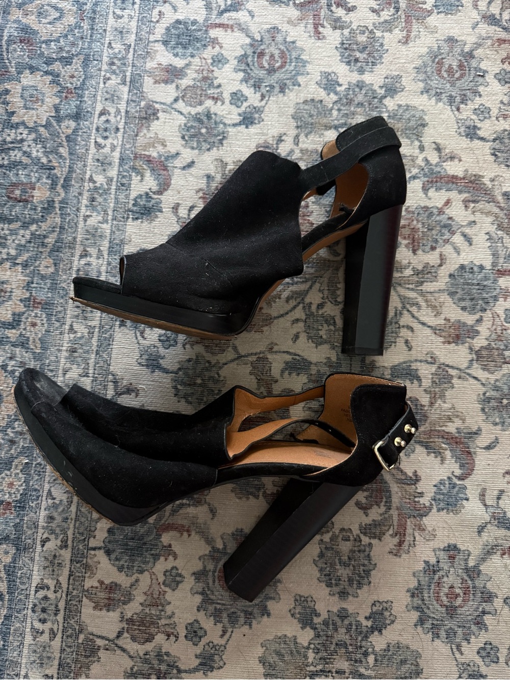 H&M Black Suede Open-Toe Block Heel Sandals with Ankle Buckle